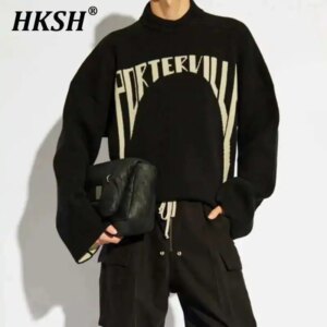 HKSH Spring Autumn Winter Men’s Tide RO Heavy Niche O-Neck Letter Jacquard Knitted Pullover Silhouette Loose Dark Sweater HK3476