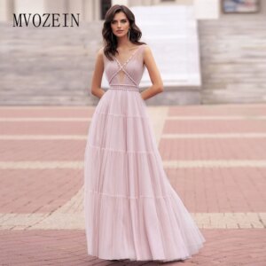 Mvozein Evening Dress Tulle A-Line V-Neck Sleeveless Pleat Pearl Beaded Formal Prom Gowns Party Evening Dress robe de soiree