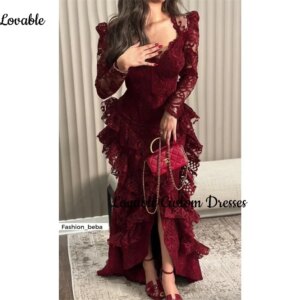 Customized فساتين سهرة A-Line Square Neckline Floor-Length Lace Elegant Party Dresses For Women 2025 Long Sleeves Zipper Up Prom