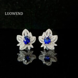 LUOWEND 100% 18K White Gold Earrings Maple Leave Shape Luxury Diamond Natural Sapphire Earrings for Women High Party Jewelry