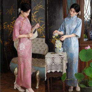 Old Shanghai Jacquard Single-Layer Long Inverted Large Sleeve Ancient Cheongsam Qi Pao Autumn New Women’s Chinese