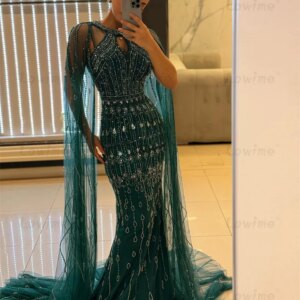 Green Evening Dress 2025 Cape Sleeve Arabic Mermaid Prom Dresses Beaded Crystals Luxurious Party Gowns Birthday Engagement Dress