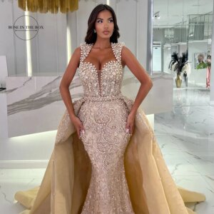 Luxury Mermaid Champagne Sweetheart Straps Evening Dresses With Beading Customized Pearls Lace Detachable Train Gowns