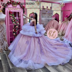 EVLAST Customized Shiny Lilac Quinceanera Dress Ball Gown Lace Applique Beaded Tiered Corset Sweet 16 Vestido De 15 Anos E1Q243