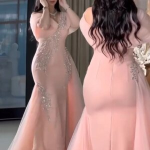 Pink Mermaid Crystal Prom Dresses Long for Women 2025 One Shoulder Beaded Pleated Formal Evening Gowns Customized
