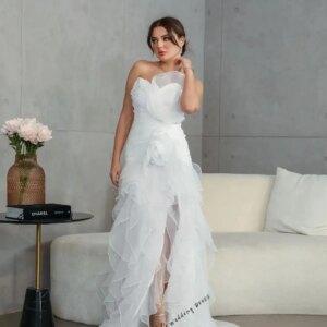 customized Elegant Mermaid Sleeveless Prom Dresses Strapless Pleated Split Floor Length Party Dresses Evening Dresses