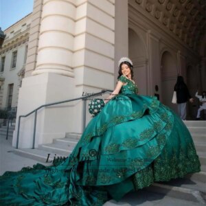Ball Gown Green Quinceanera Dresses Appliques Lace Beaded Corset Birthday Sweet 16 Birthda Off Shoulder Vestidos De 15 Anos