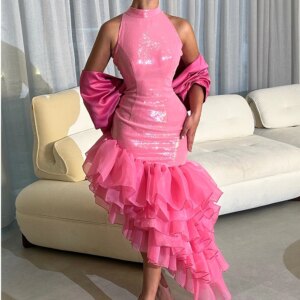 Customized Sparkly Chiffon Sequined Evening Dress Fashion Crew Neck Short Sleeves Straight Ankle Length Bespoke Occasi