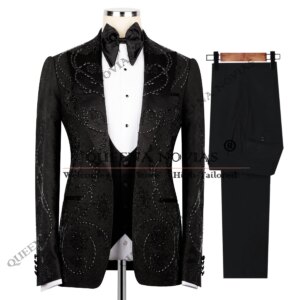 Exclusive Groom Tuxedos Beaded Stones Prom Blazer Customized 3 Pieces Sets Man Formal Business Party Suits Men Slim Fit Dresses