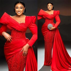 Luxury Red Evening Dresses Women Fabulous Beading O-Neck Long Sleeve Floor Length Prom Dress Formal Occasion Sweep Train Gowns