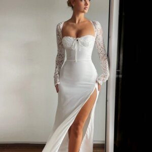 White Lace Full Sleeves Evening Dress Customized Women Wedding Party Dreamy Sweetheart Neck Engagement Prom Wear Lace Up Back