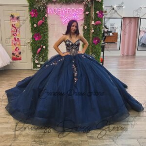 Shiny Mexico Appliques Quinceanera Dress Beads Lace Flowers Court Train Ball Gown Pageant Sweet 15 Party Vestidos