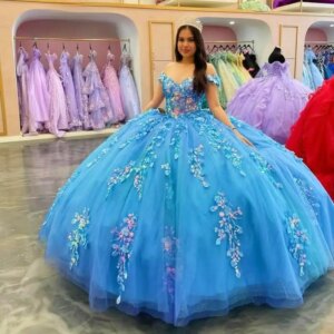 Customized Gemstone Blue V-neck Sweetheart Off Shoulder Quinceanera Dress applique flower Outer layer gauze vestidos de 15