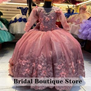 New Arrival Dust Pink Flower Girls Dress Long Sleeves Princess Applique Pearls Crystals Beads Child Birthday Party Customized