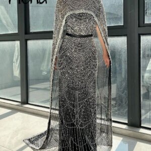 Black Evening Dress Middle East With Full Beaded and Pearls Luxury Long Cape Sleeve Formal Occasion Dresses Customize Prom Gown