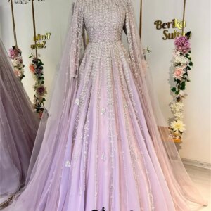 Muslim Woman Full Beads Long Sleeve Evening Dresses with Cape Dubai Arabia Kaftan Formal Party Dress Customized Wedding Gown New