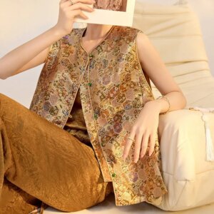 New Chinese style Song brocade jacquard satin printed waistcoat light luxury temperament design sense of niche blouse
