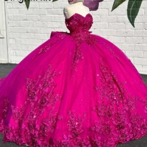 Fascinating Fuchsia Quinceanera Dress Ball Gown Beads Appliques Birthday Gown Sweet 16 Vestidos De 15 Años With Bow Customized