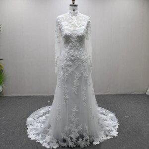 Vestido Boda High Long Sleeve Wedding Dress Appliques Button Back Mermaid Sexy See Through Bridal Dress