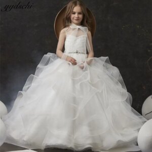 Customized Elegant White Ruffles Flower Girl Dresses For Wedding 2025 Sleeveless Sparkly Beaded Princess First Communion Gowns