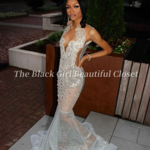Customized  Silver Sexy V Neck Mermaid Prom Dresses 2025 Beaded Applique Black Girls Evening Dresses Party Dresses