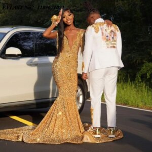EVLAST Customized Gold Sequins Prom Dress Blackgirls Diamond Crystal Beaded Mermaid Formal Party Gown Robes De Soirée E2P447