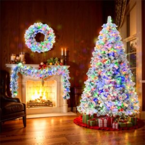 6FT Snow Flocked Christmas Tree PreLit Set with Tree Garland Wreath Artificial Hinged Xmas Tree with Colorful LED Lights 8 Ligh