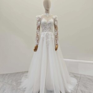 High Collar Long Sleeves Elegant Wedding Dress Full Body Lace Beaded Ladies Wedding Dress A-line With Small Train Bridal Wedding
