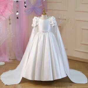 Jill Wish Luxury White Flower Girl Dress Crystal with Cape for Kids Princess Wedding First Communion Birthday Party Gowns J253
