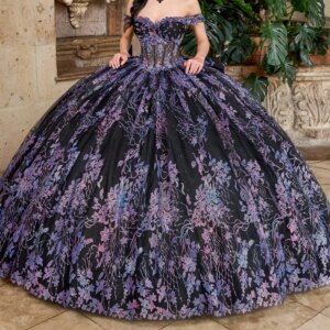 Black Shiny Quinceanera Dress Off The Shoulder Princess Sequin Applique Lace Beads Crystal Bow Tull Sweet 16 Birthday Party Vest