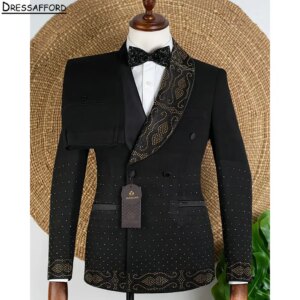 Black Men Business Gold Crystal Formal Occasion Tuxedos Grooms Wedding Party Prom Male Suit 2 Piece Set Blazer Pants