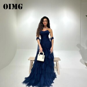 OIMG Customized A-Line Prom Dresses Blue Layered Vintage Tulle Saudi Arabic Women Evening Gowns Occasion Formal Party Dress