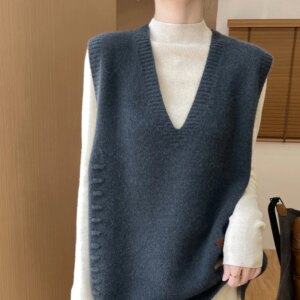 Wool Knit Vest Autumn and Winter Women’s Sleeveless Sweater Vest Waistcoat New Bandage Dress Loose Fashion
