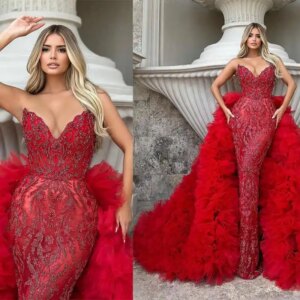Gorgeous Red Mermaid Evening Dress V Neck Sleeveless Sequins Prom Gowns Detachable Sweep Train Party Dresses Customized