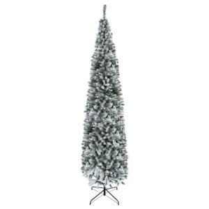 HOMCOM 9′ Tall Unlit SnowFlocked Slim Artificial Christmas Tree with Realistic Branches and 1014 Tips