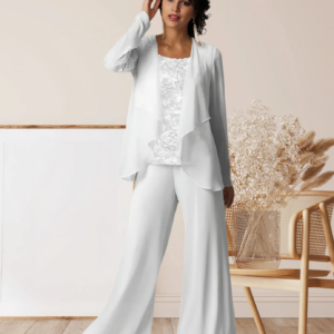 LinasBridal 3 Piece Mother of the Bride Dress Formal Wedding Guest Elegant Floor Length Chiffon Sleeveless with Lace 2024