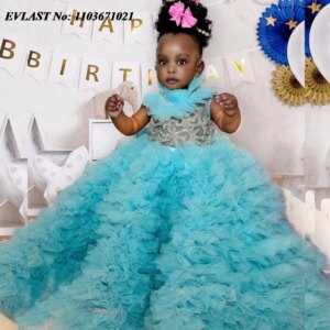 EVLAST Customized Sage Green Flower Girl Dress For Weddings Tiered Crystals Beaded Girls Pageant First Communion Gowns FD34