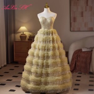 AnXin SH vintage princess light green lace strapless sleeveless ruffles sparkly lace up party customized evening dress