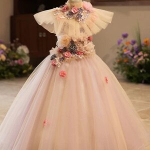 High Quality Handmade Flowers Princess Special Occasion Flower Girl Dress Wedding Pary Prom Perform Birthday Child Kid Ball Gown