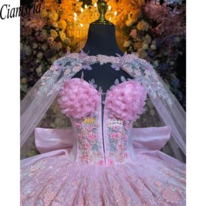 Pink Princess Quinceanera Dress Fashion lace Sweetheart Neck Tie Shawl Party Ball Gowns vestidos de 15 quinceañera