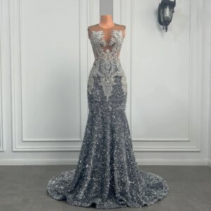 Gorgeous Long Mermaid Prom Dresses 2025 Sexy Sheer Mesh 3D Lace Beaded Sparkly Silver Sequin Black Girls Prom Gowns