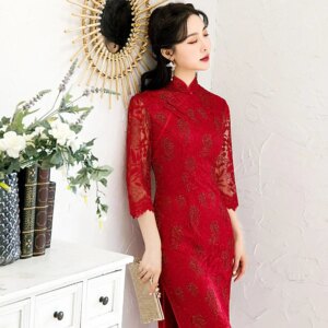 Women’s elegant Chinese style cheongsam standing collar seven-point sleeve dinner dress