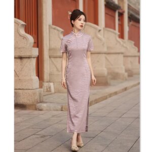 Traditional Ethnic Style Long Short Sleeve Robe Qi Pao New Retro National Watermark Jacquard Banquet Cheongsam Skirt
