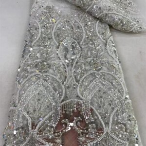 Luxurious Nigerian Handmade Beads Lace Fabric 2024 High Quality Sequins wHITE Embroidery African Lace Fabric For Dresses Sewing