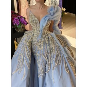 Luxury Pearls Evening Dresses V-Neck Ruched Sequined Mermaid Prom Gowns One-Shoulder Exquisite Sweep Train Party Dresses