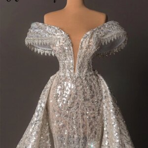 Sparkle Sequins Off Shoulder Wedding Dress Plunging Neck Luxury Bridal Gowns With Detachable Train Big Events Party Customized