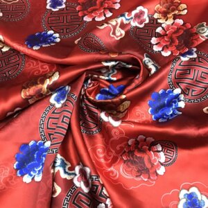 High Quality New 40Momme Silk Dark Red Background Inkjet Imitation Embroidery Flower Thickened Silkworm Satin Cheongsam Cloth