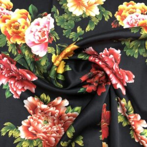 Black rich peony silk satin 40momme heavy painted fabric cheongsam