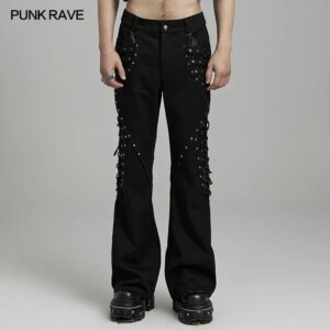 PUNK RAVE Men’s Punk Twill Personalized Mesh Hollowed Splicing Design Flare Pants Trousers Streetwear Men Clothing