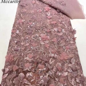 5 Yards African 3D Flower Beads Lace Fabric 2025 High Quality French Nigerian Embroidery Tulle Fabric For Wedding Dress Sewing